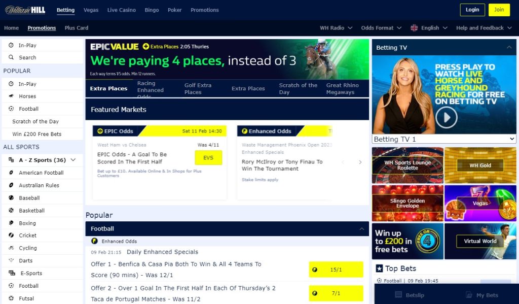 William Hill Betting Site Interface